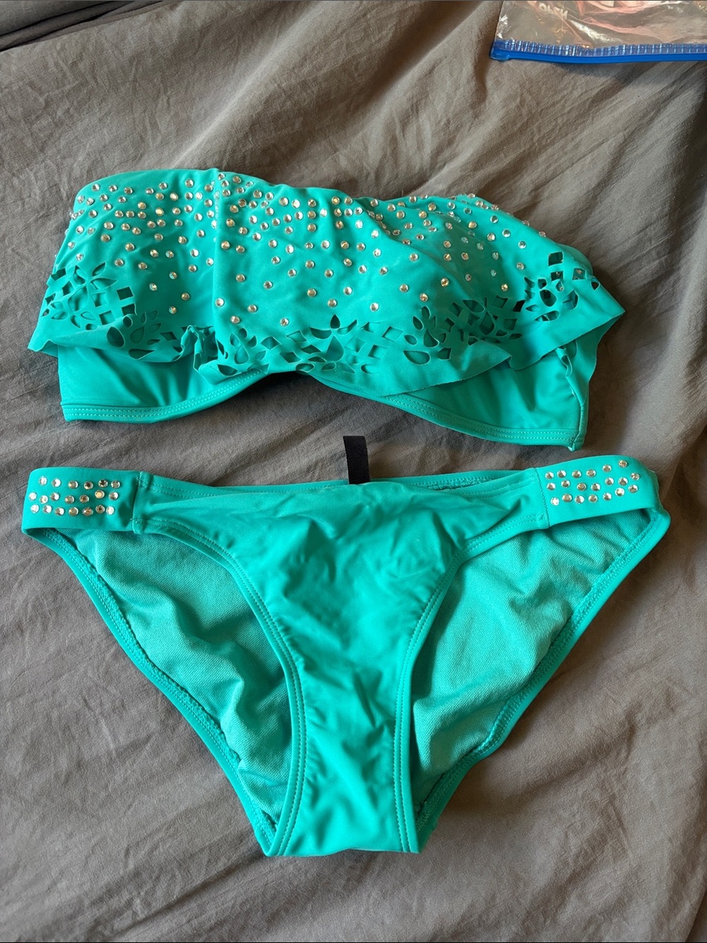 Teal Strapless Rhinestone Cutout Bikini Set